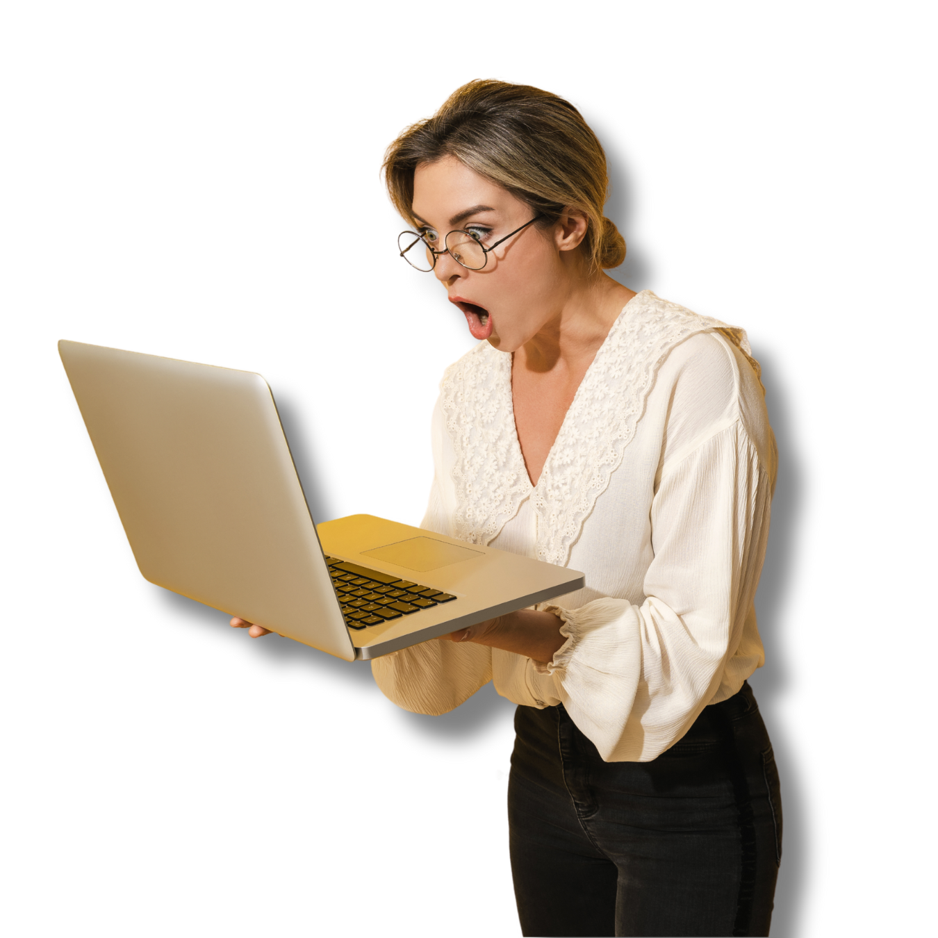 Woman with a surprised expression holding a laptop